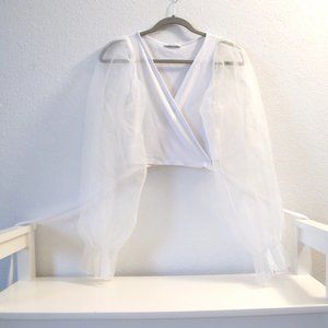 Zara White Sheer Sleeve Tie Crop Top